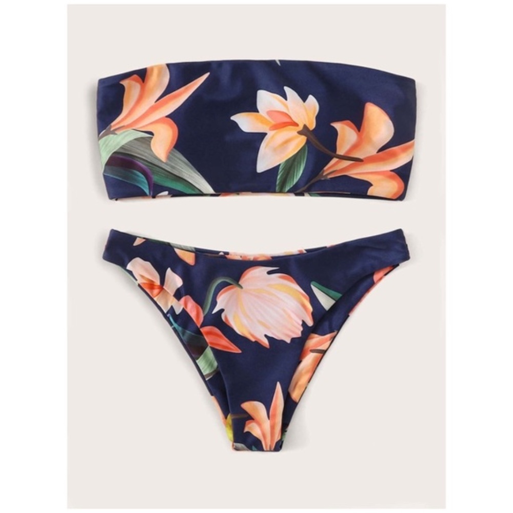 SOLD OUT CLEARANCE Navy Floral 2Pc Bandeau Strapless Bikini Swimsuit - Picture 3 of 5